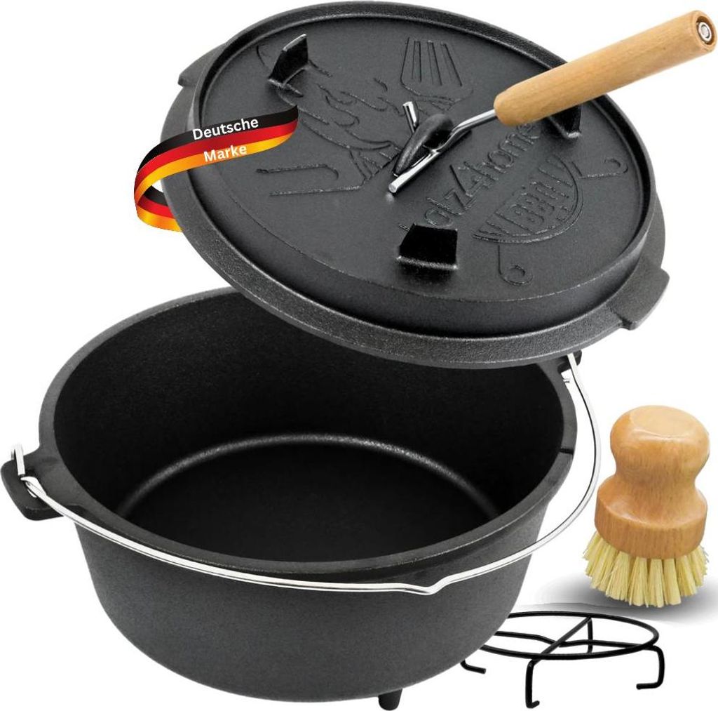 DELUKE Dutch Oven 9 Liter EDOS [SET MIT ZUBEHÖR] - Füße, Deckelheber & Bürste | Gusseisen Topf mit Füßen Feuertopf Schmortopf