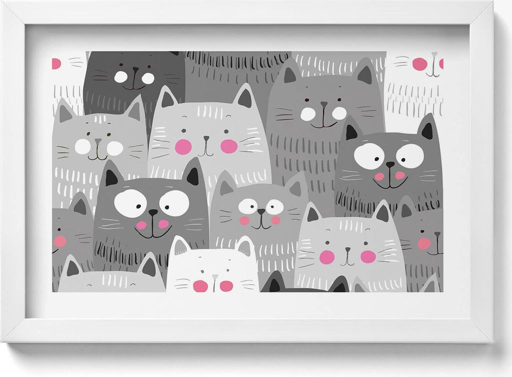 Muster mit Katzen– Wandbild mit Rahmen – Gerahmtes Bild – Wanddekoration – 30x20 cm – Weiß Rahmen