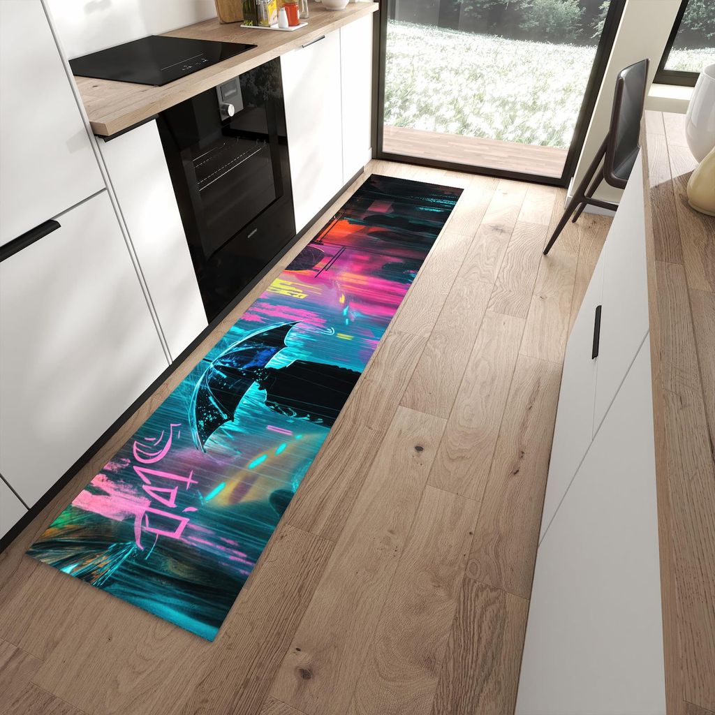 Küchenteppich 60x270cm rutschfest & abwischbar PVC Läufer - Regen bei Nacht