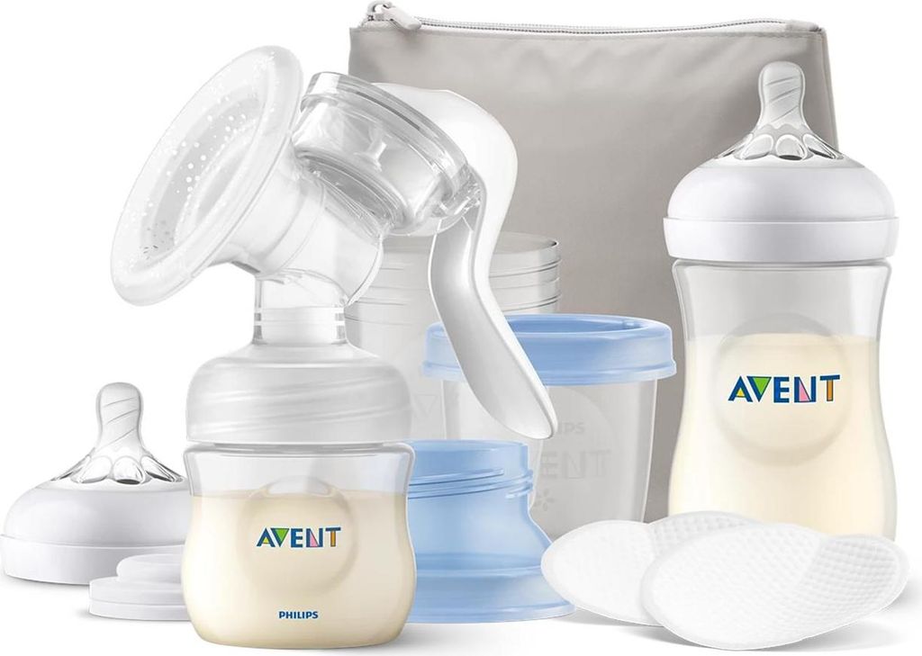 A collection of Philips Avent baby feeding products, including a breast pump, bottles, and storage containers, arranged on a white background.