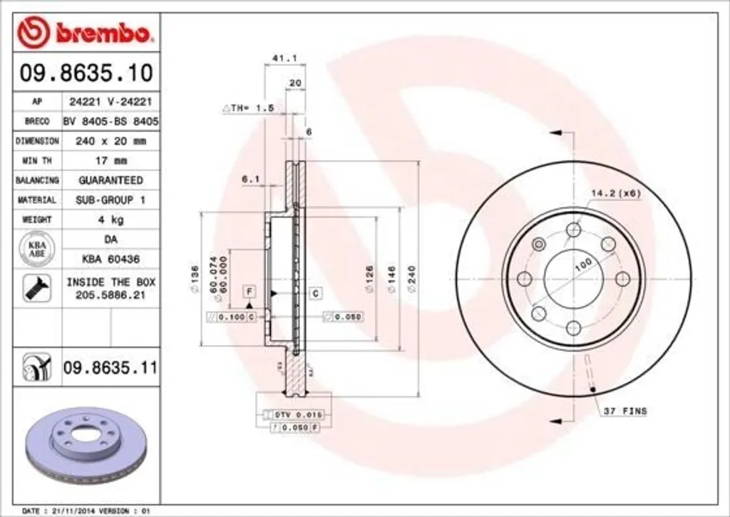 Disque de frein Brembo 09.8635.10 OE 569021 pour Opel Corsa C (X01)
