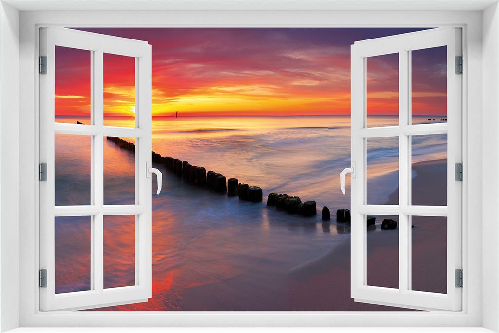 Wallario Poster mit Fenster-Illusion: Farbenspiel im Himmel - Sonnenuntergang am Strand, Größe: 61 x 91,5 cm (Maxiposter)