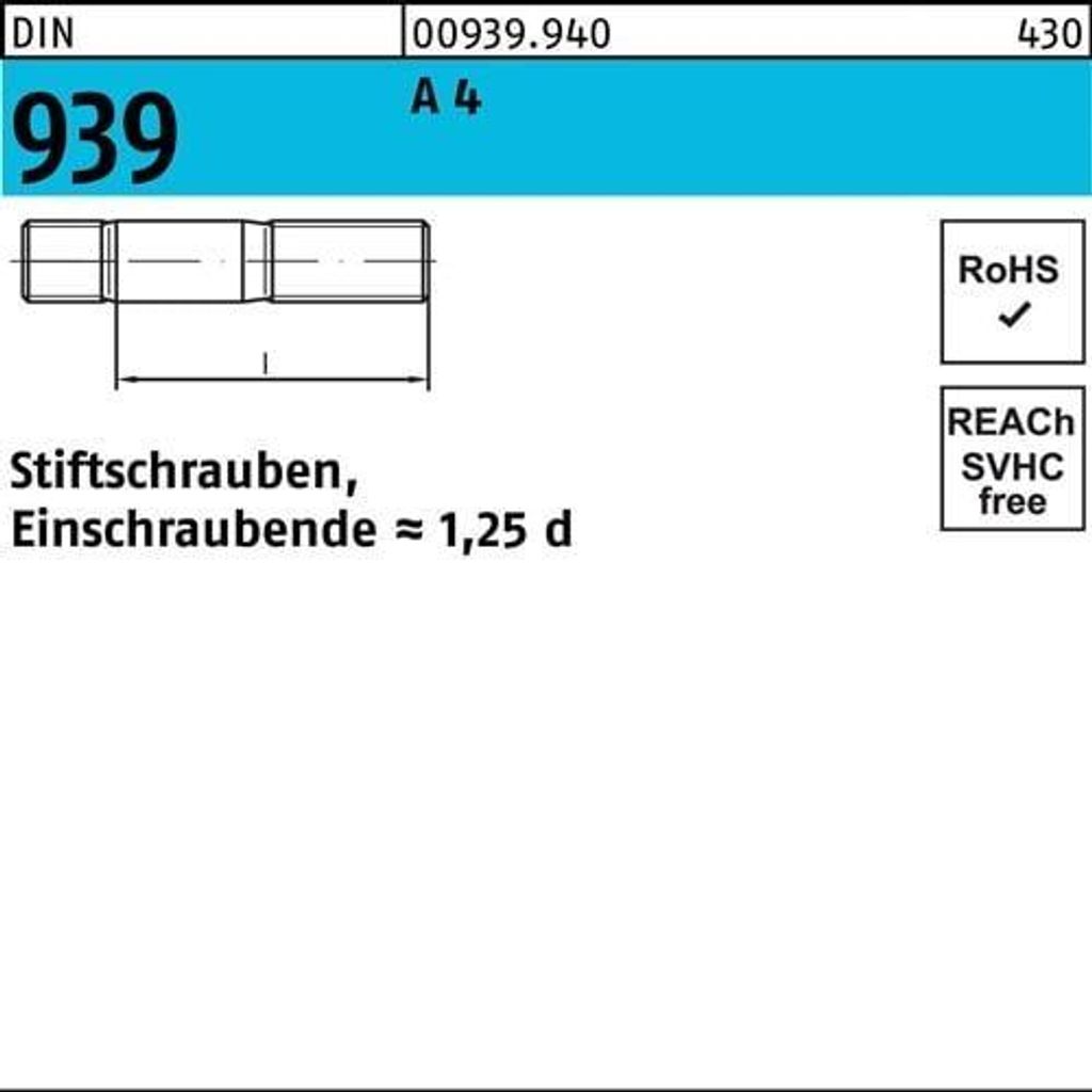 Stiftschraube DIN 939 M 16 x 95 A 4 Einschraubende=1,25d 10 Stück