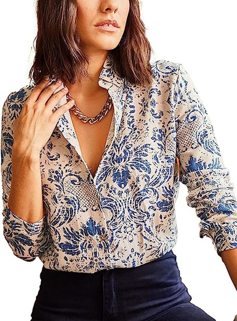 ASKSA Bluse Damen Langarm V-Ausschnitt Streifen Tops Knoepfen Hemden, Hellblau, L