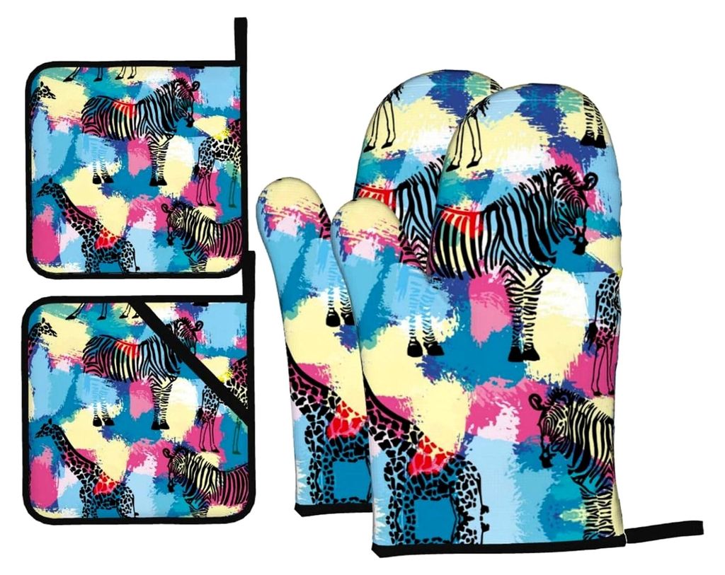 Ofenhandschuhe und Topflappen-Set, hitzebeständig und rutschfest, 4 Stück, für das Backen von Grill-Giraffe und Zebra