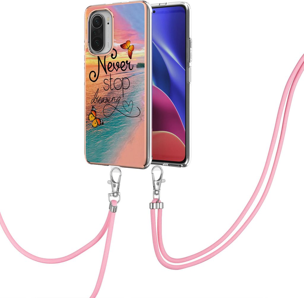 Handykette Hülle für Xiaomi Poco F3/Mi 11i/Redmi K40/K40 Pro Muster TPU Schutzhülle mit verstellbarem Tragegurt Gold