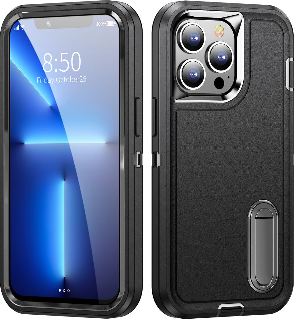 Hülle für iPhone 13 Pro Max Hybrid Dreilagige Robust Stoßfest Schwerlast Schutzhülle mit Ständer Schwarz