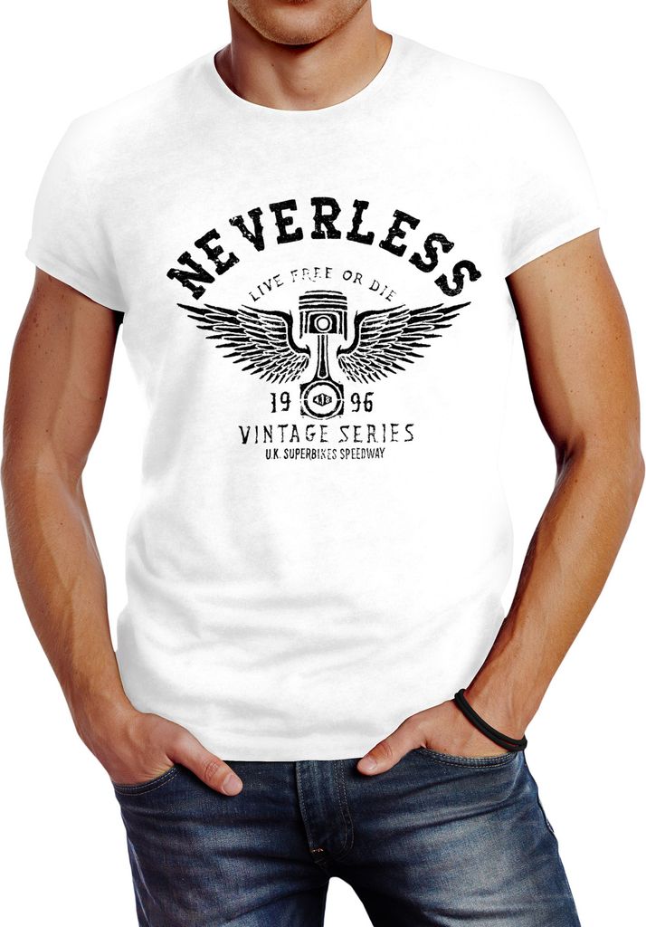 Herren T-Shirt Biker Motorrad Motorblock Engine Flügel Wings Slim Fit Neverless weiß XXL