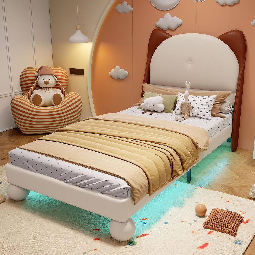 STILVORA 90x200 Kinderbett mit Matratze&Katzenohren-Kopfteil,Polsterbett mit LED-Beleuchtung und Lattenroste,Einzelbett PU,Beige+Gelbbraun