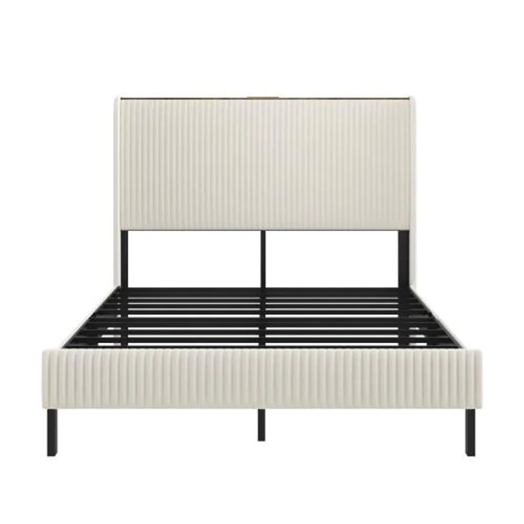 Lit double 140x200cm silencieux en velours crème avec éclairage LED USB