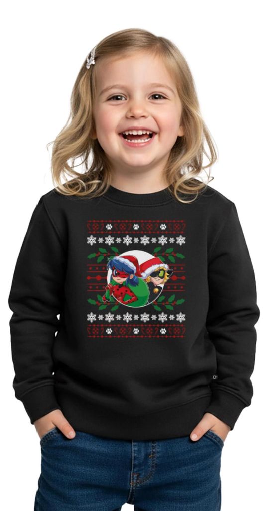 Spreadshirt Miraculous Ladybug Und Cat Noir Ugly Christmas Kinder Premium Pullover, 98/104 (2 Jahre), Schwarz