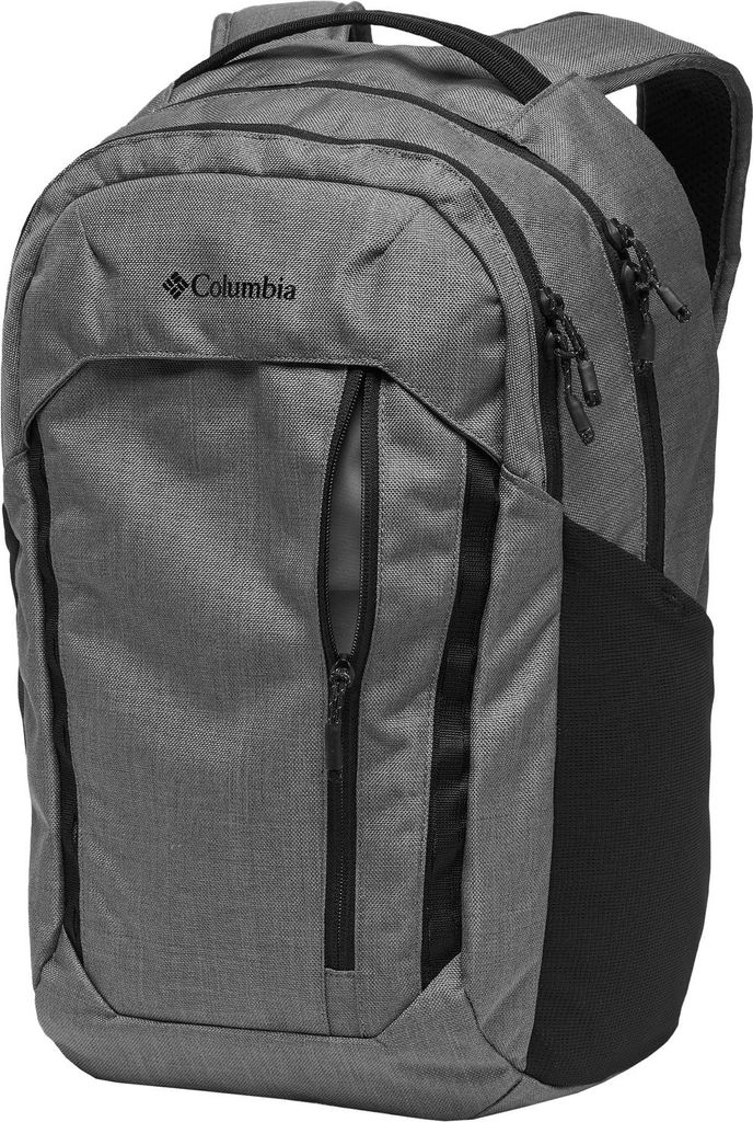A gray Columbia backpack with black accents is shown against a white background.