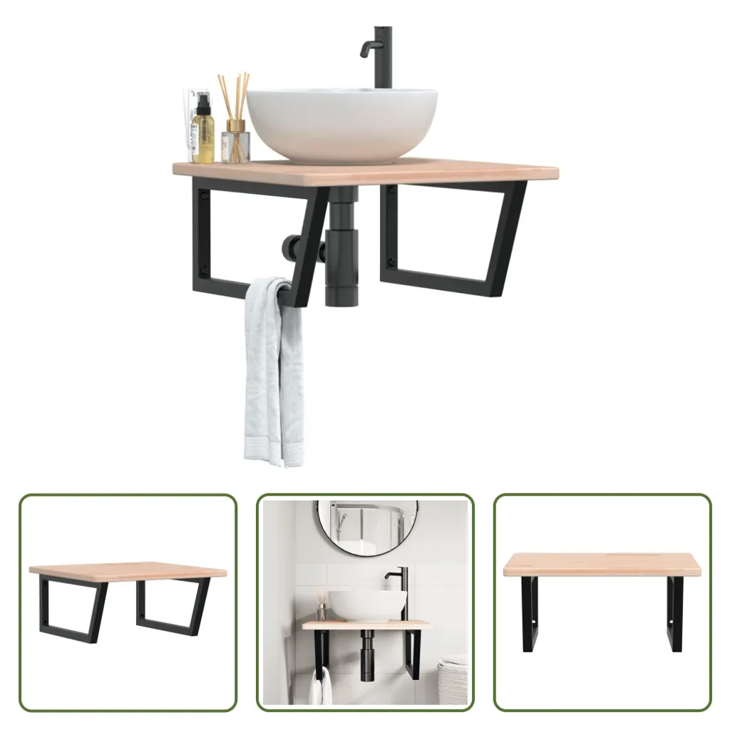 Top Mensola Lavabo Rovere Massiccio + Staffe Acciaio - Montaggio Easy