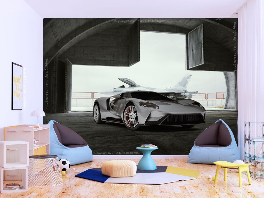 Vlies Fototapete weißes Auto 400x280 cm Tapeten Wandtapete XXL Flugzeug Kampfflugzeug Hangar i-C-10024-a-a