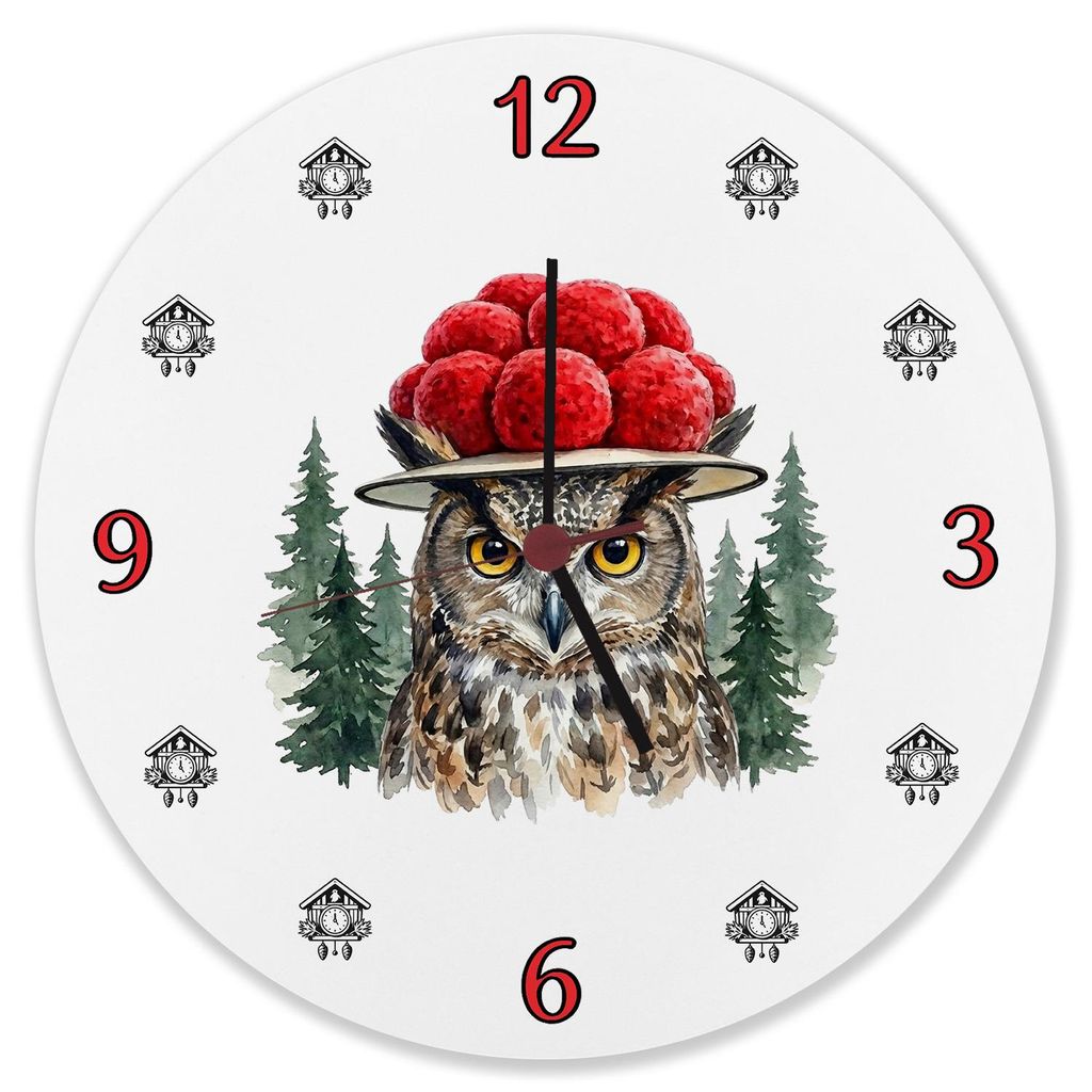 Uhu mit Bollenhut Wanduhr aus Alu Schwarzwald Motiv