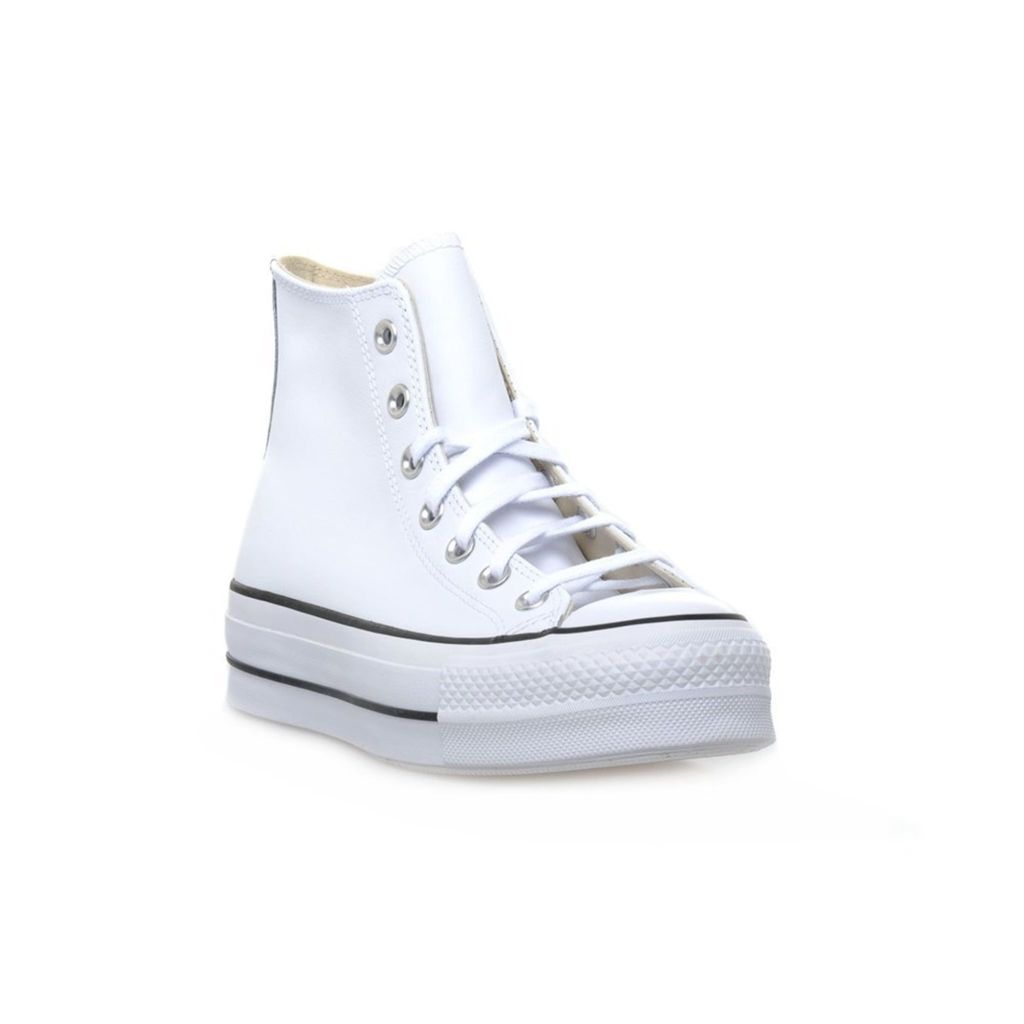 A white high-top Converse sneaker with a platform sole is shown against a white background.