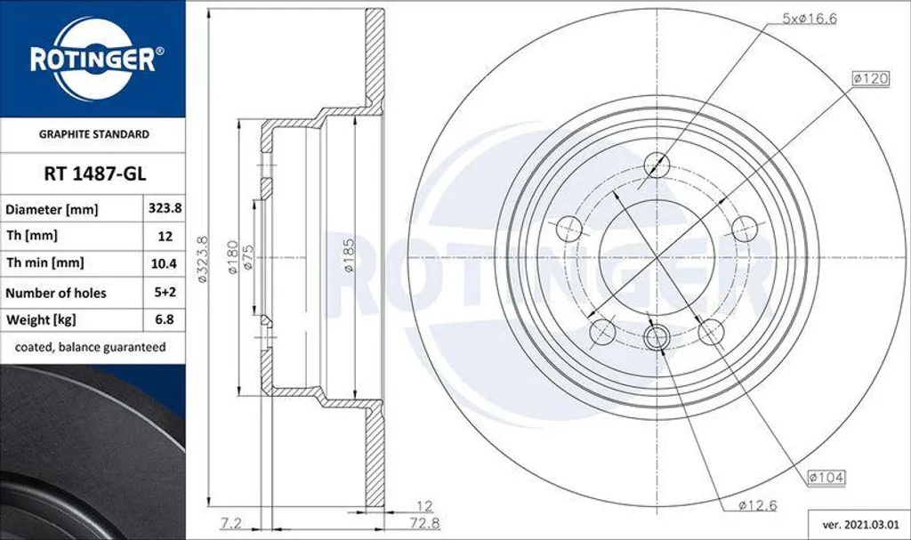 Disque de frein ventilé ROTINGER RT 1487-GL série Graphite pour BMW X5