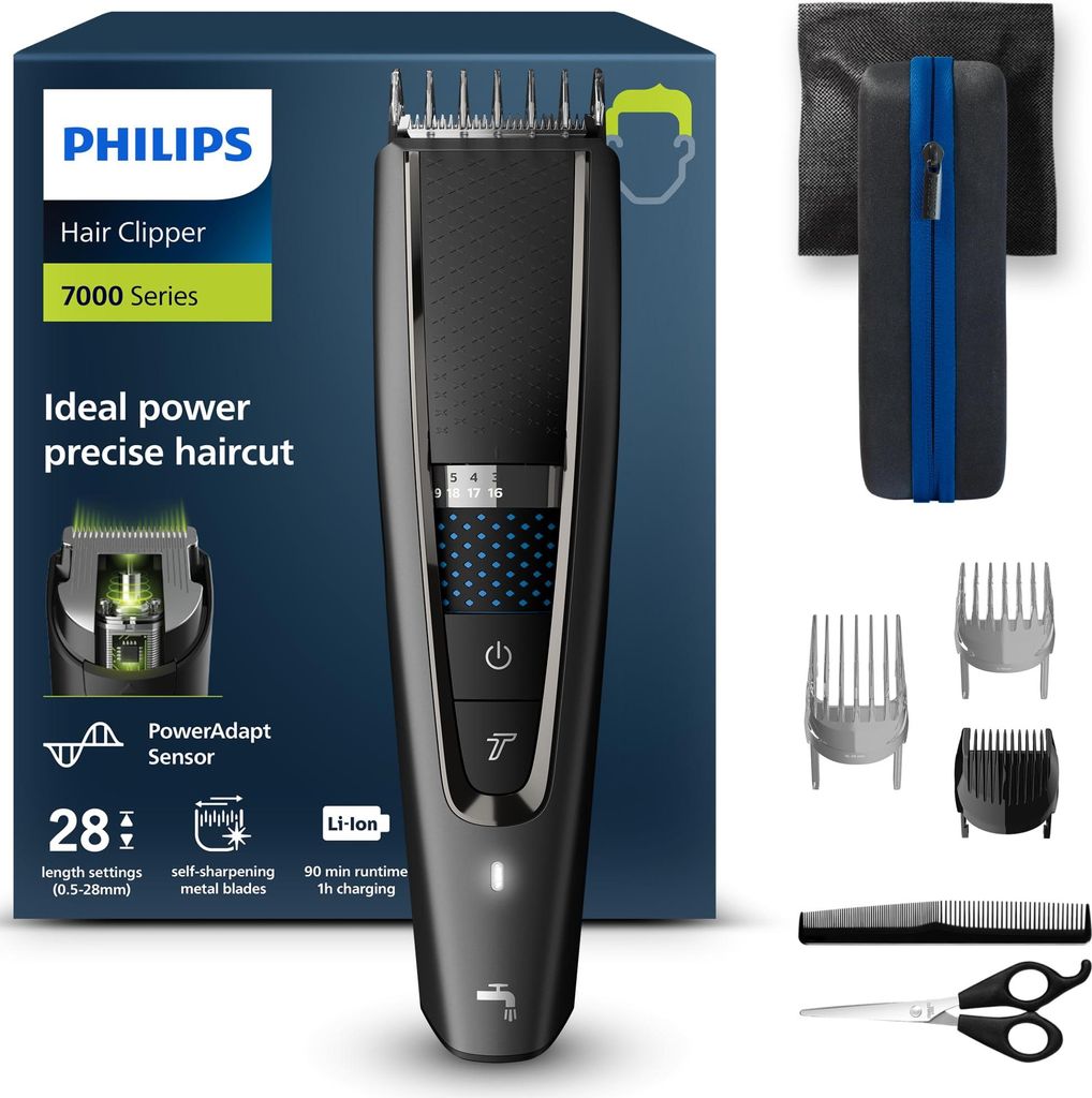 A product shot of a Philips hair clipper and its accessories, presented on a dark blue background with marketing text.