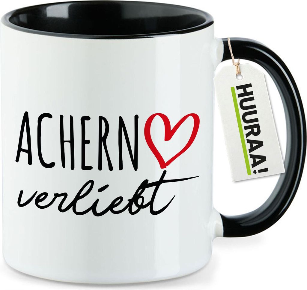 Huuraa Kaffeetasse Achern verliebt 330ml Schwarz Keramik Kaffeebecher Geschenkidee