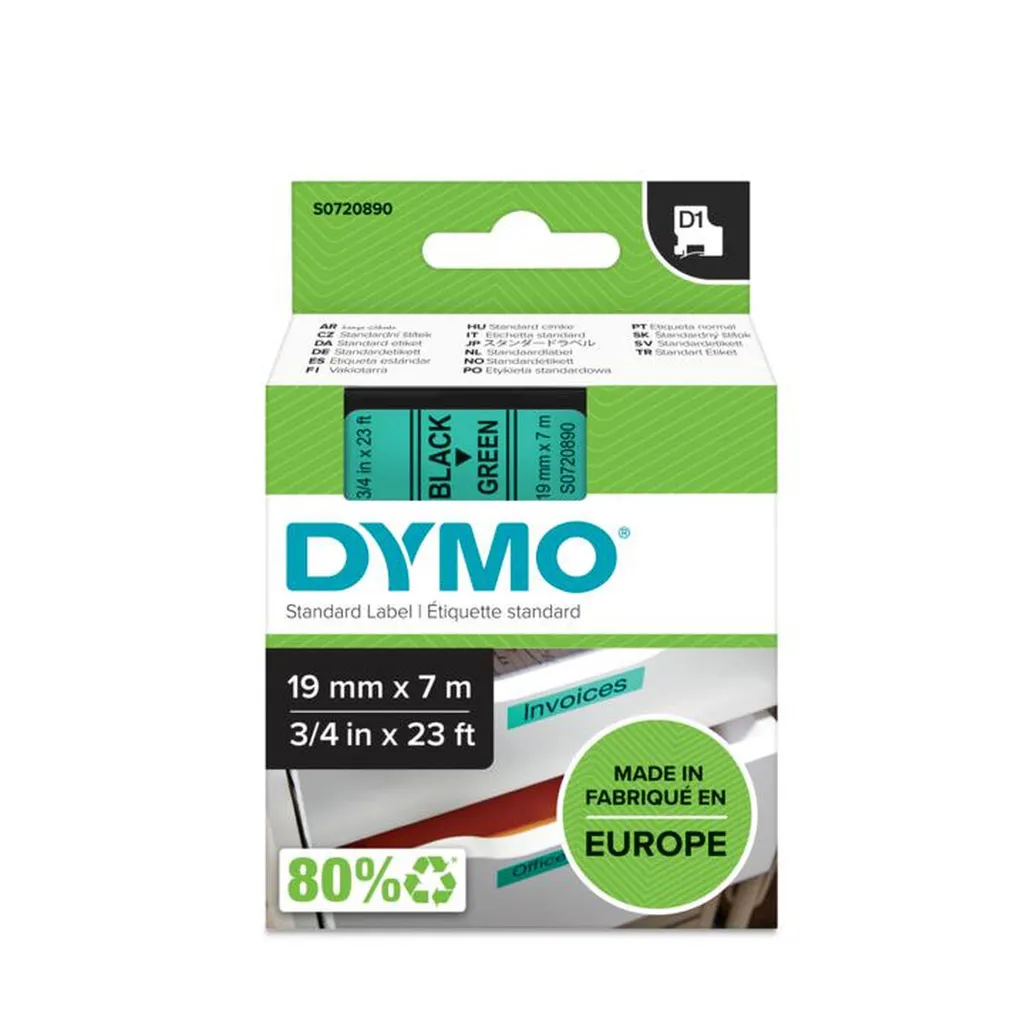 Ruban D1 19mm Noir sur Vert pour Classement et Archivage - Lot de 5
