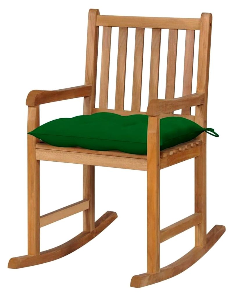 Schaukelstuhl für den Außenbereich mit grünem Kissen, Teak Massivholz, feingeschliffen, mit Lattendesign, Relaxsessel für Garten und Balkon, 58...