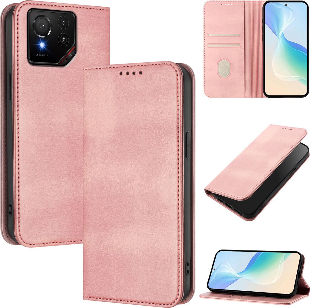 Handyhülle für Asus ROG Phone 9 / 9 Pro, Vintage Leder RFID Schutz Kartenfach Standfunktion Magnetische Klapphülle Pink