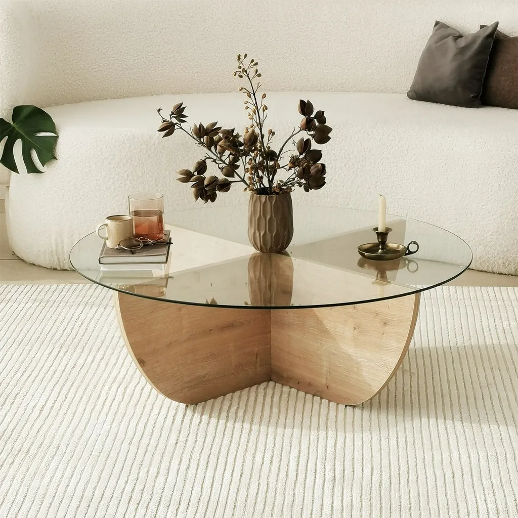 Table Basse 90x90 cm Chêne Saphir avec Plateau en Verre Modèle Lily