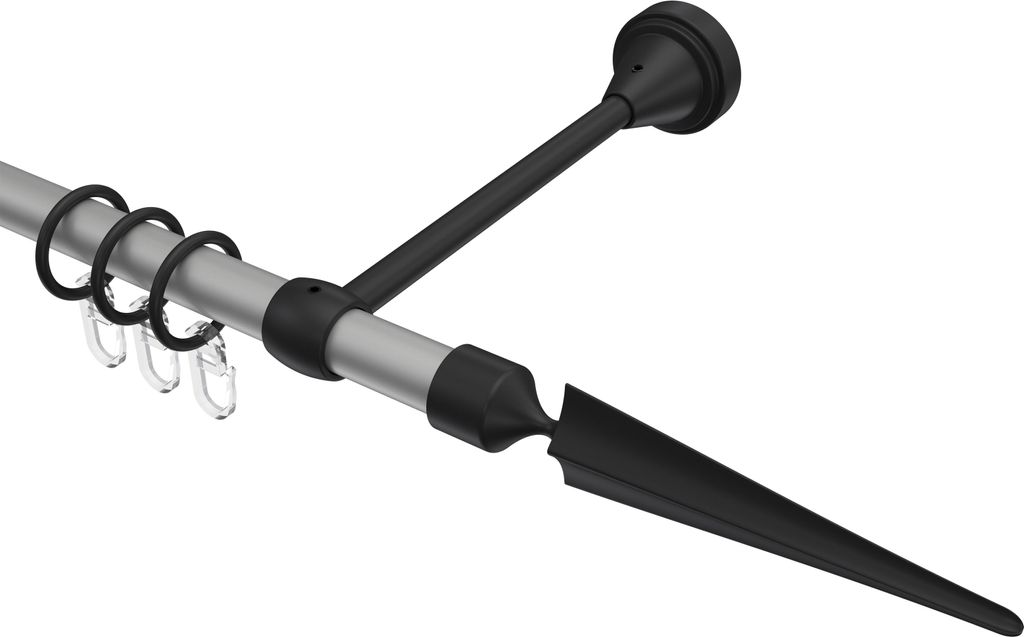 Interdeco Gardinenstange / Vorhangstange Silbergrau / Schwarz, Typ Primus Lorenzo (Speer), 16 mm Ø 1-läufig, 180 cm
