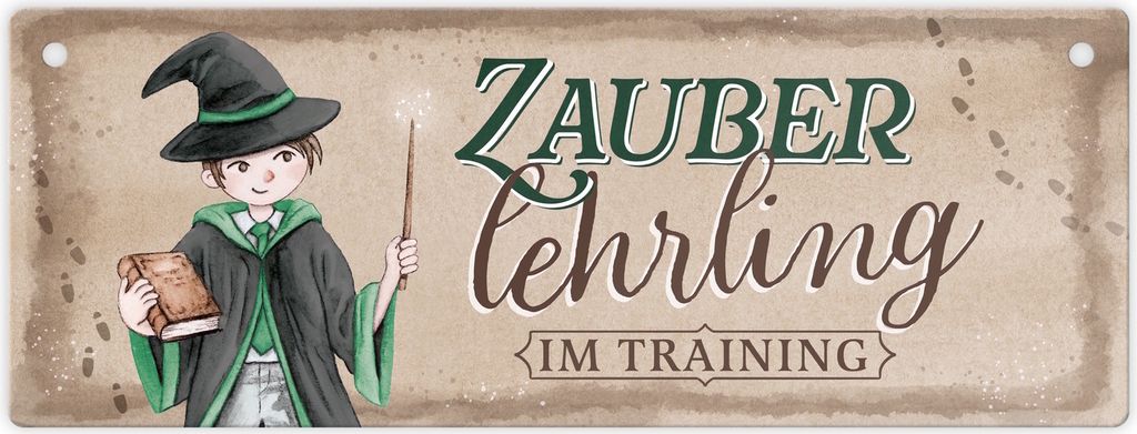 Zauberlehrling im Training Metallschild L in 10,5x28cm mit Zauberschüler in grün