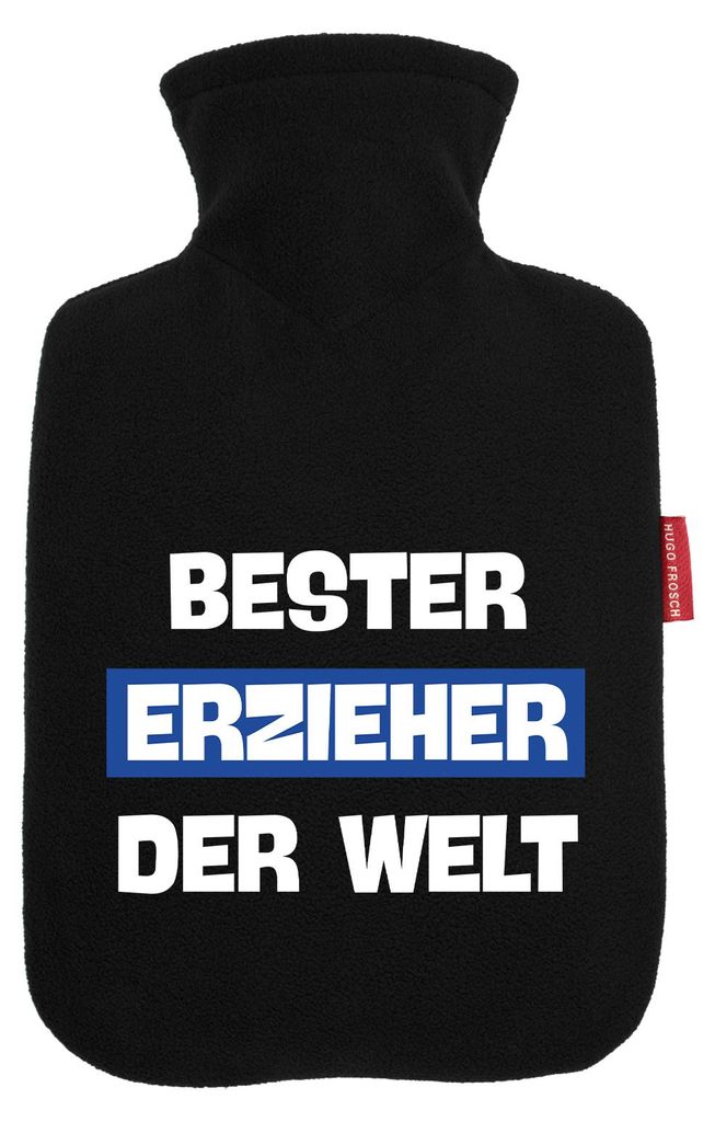Huuraa Wärmflasche Bester Erzieher der Welt 1,8 Liter Black Classic Veloursbezug Bettflasche Geschenkidee