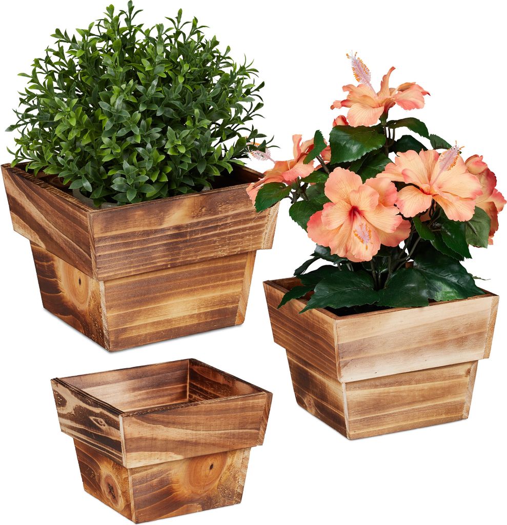 Set di 3 vasi da fiori Relaxdays, in legno fiammato, per Immagine del prodotto 