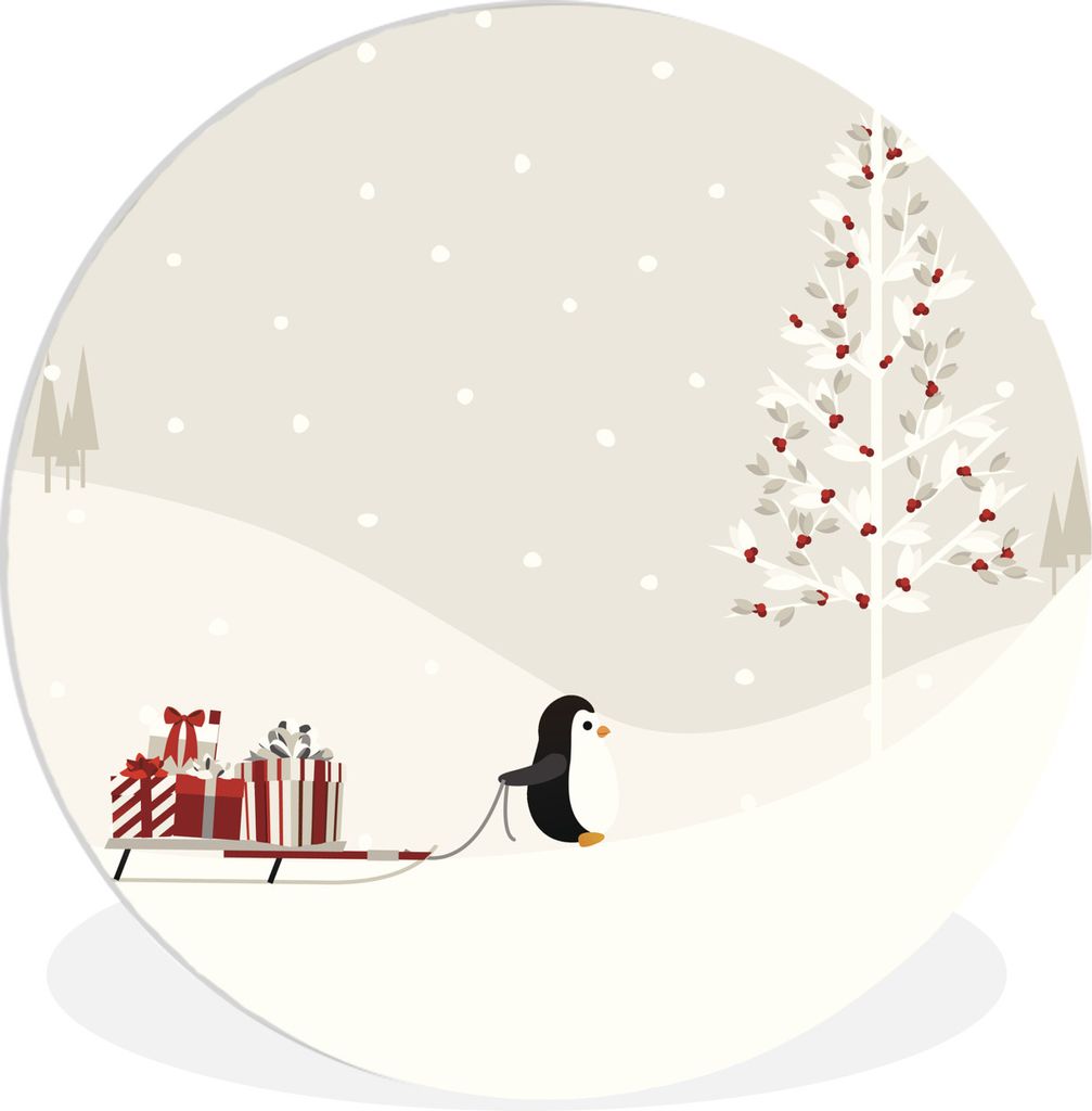 MuchoWow Rundes Wandbild - Runde Bilder Illustration eines Pinguins, der einen Schlitten mit Geschenken zieht Ø 30 cm Kreis Wanddekoration Kunst...
