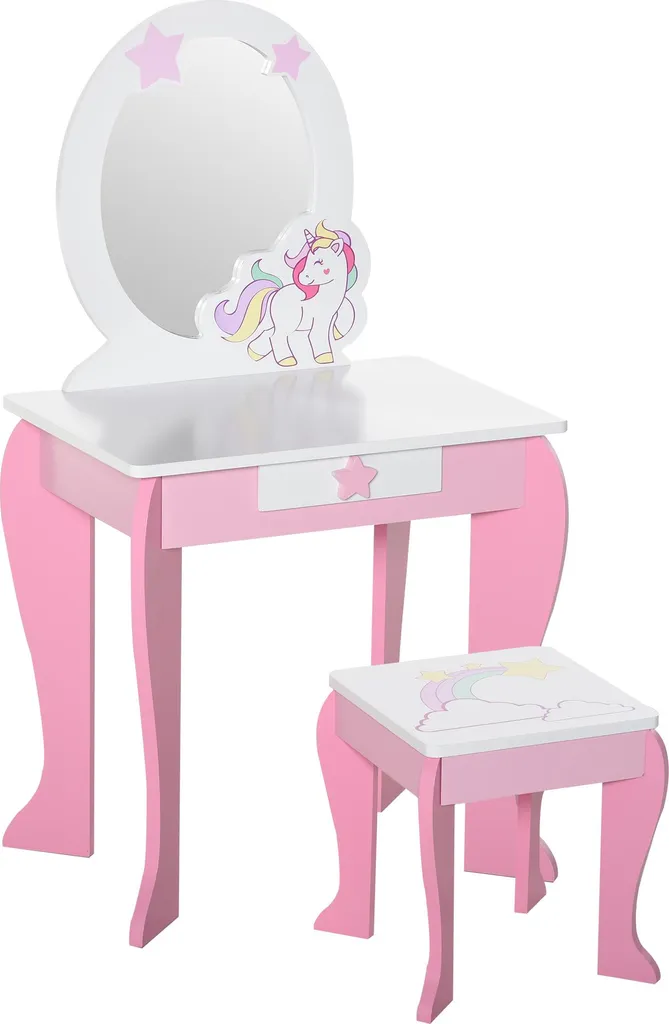 Coiffeuse Enfant Design Licorne en Bois MDF - Miroir et Tabouret Ergonomique
