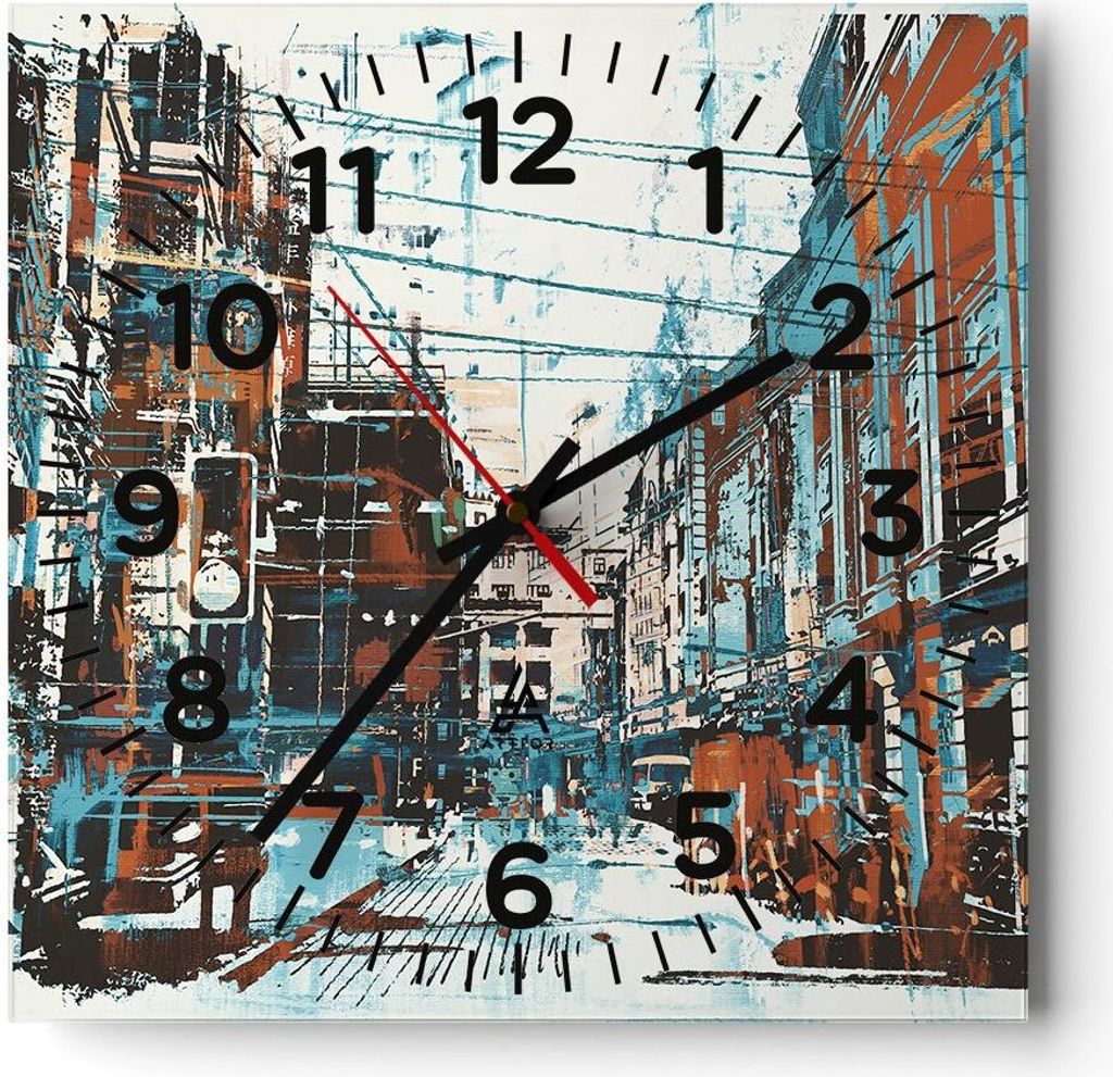 Wanduhr - Quadrat - Glasuhr - Stadt Straße Haus - 30x30cm - Schleichendes Uhrwerk - Lautlos - zum Aufhängen bereit - Dekoration Modern - Wanddeko...