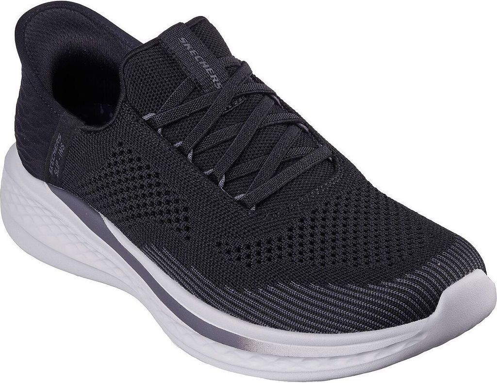 A black Skechers athletic shoe is shown against a white background.
