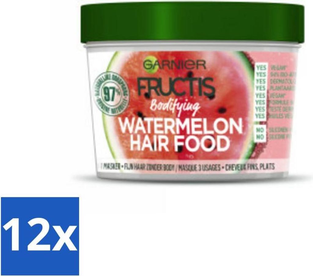 Garnier - Fructis Hair Food Wassermelone - 3-in-1 Haarmaske - Kraftloses Haar - 400 ml - Vorteilspack - 12 Stücke