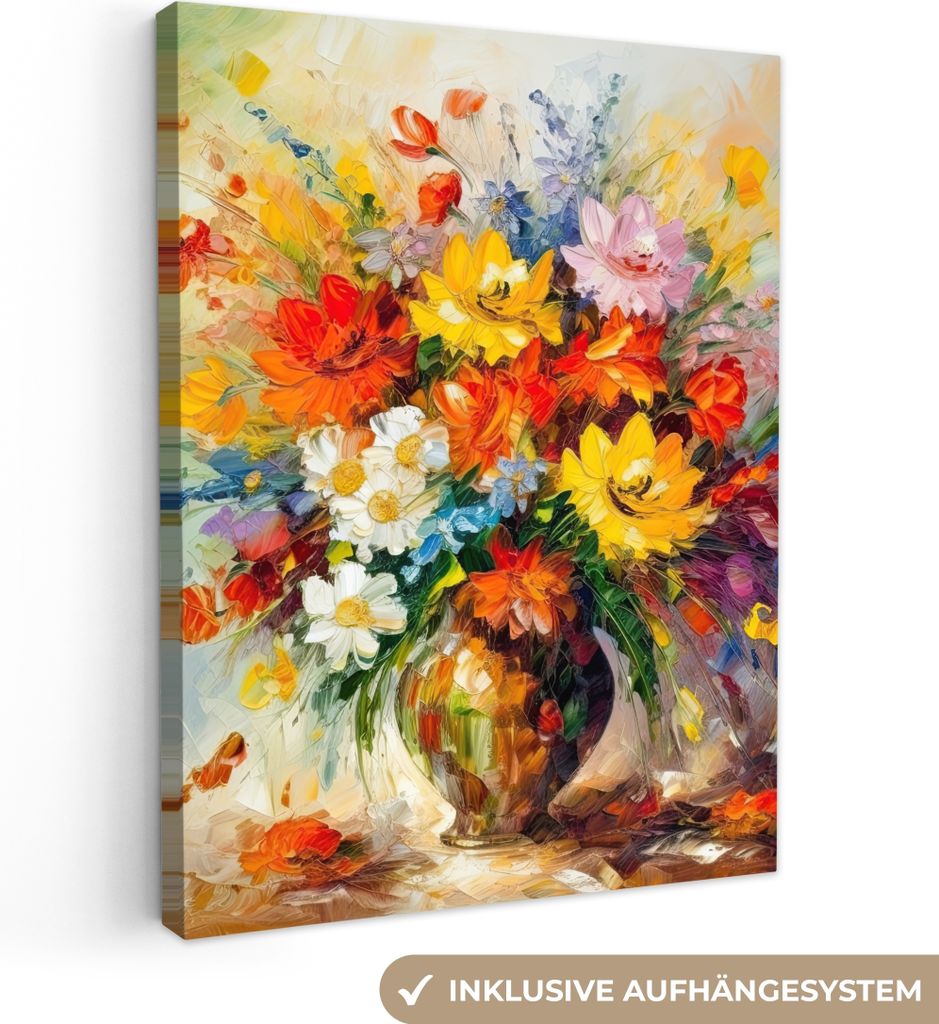 MuchoWow - Leinwandbilder - Blumen - Bunt - Ölfarbe - Blumentopf, Wandbild, Wanddeko Bilder Wohnzimmer, 90x120 cm