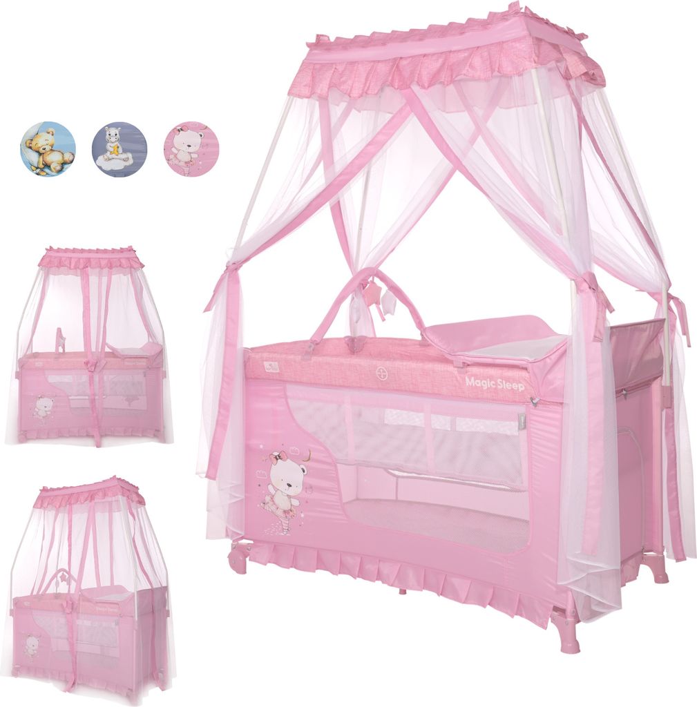 Lorelli 3in1 Babybett und Laufstall, Baldachin Betthimmel Magic Sleep mit 2 Ebenen, Kinderbett ab Geburt, Baby Reisebett, rosa