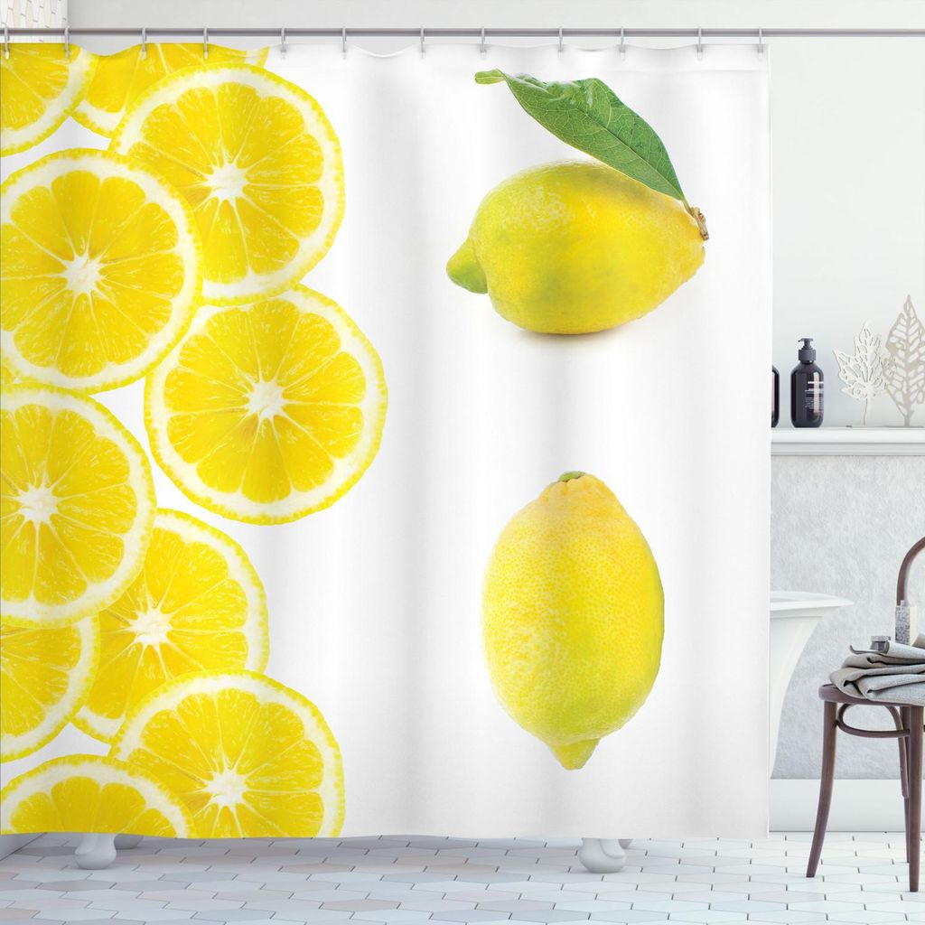 ABAKUHAUS Zitrone Duschvorhang, Reife Exotische Sour Zitrusfrucht Zitrone Leafage Limonade Food Photo, 175 x 200 cm, Lindgrün Gelb