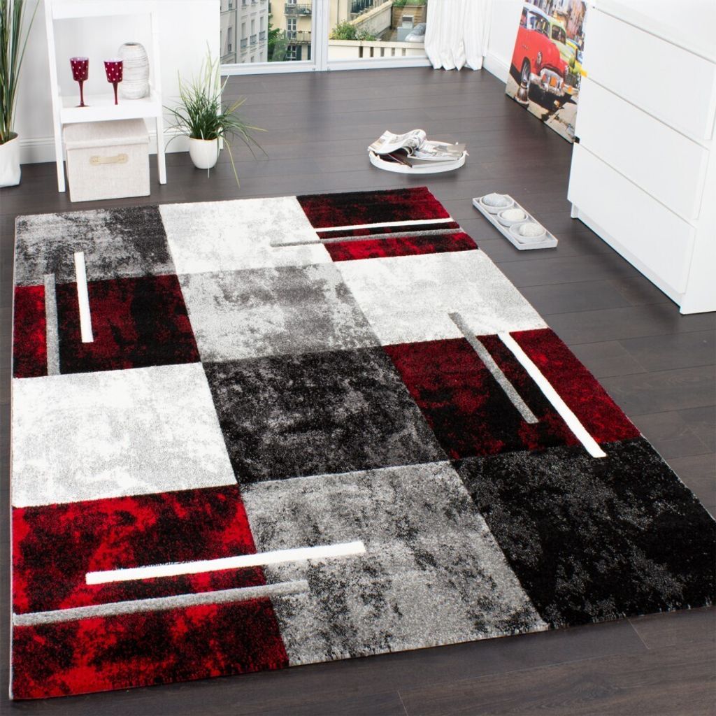 Designer Teppich Modern mit Konturenschnitt Karo Muster Grau Schwarz Rot Grösse 300x400 cm