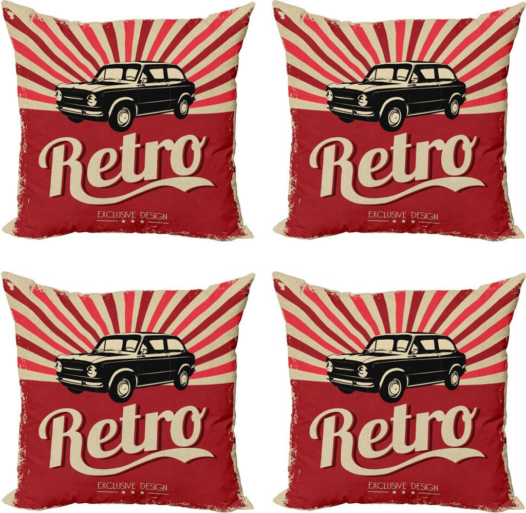 ABAKUHAUS Autos Kissenbezug Set (4 Stück), Retro Plakat-Art-Fahrzeug, Moderner Doppelseitiger Digitaldruck, 40 cm x 40 cm, Beige Rubinschwarz