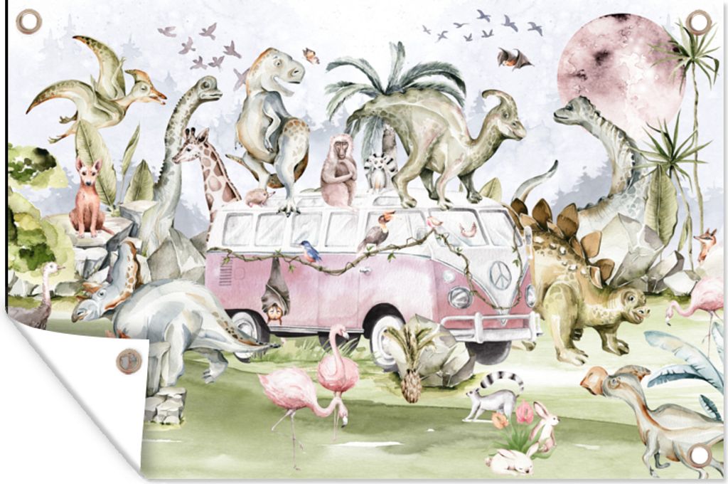 MuchoWow 90x60 cm Outdoor-Poster Gartendeko Sichtschutz Garten Poster für den Garten Dinosaurier - Kinder - Bus - Bäume - Tiere - Kinder