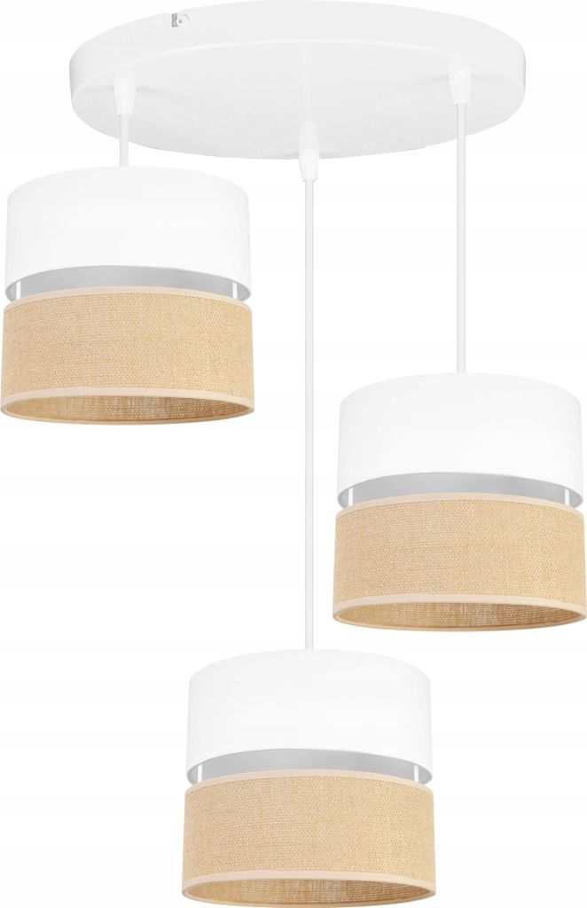 Light-Home Juta Hängelampe - Metall mit Lampenschirm aus Stoff - E27 - OV 3-Flammig 20 cm - Weiß Basis und Jute und Weiß