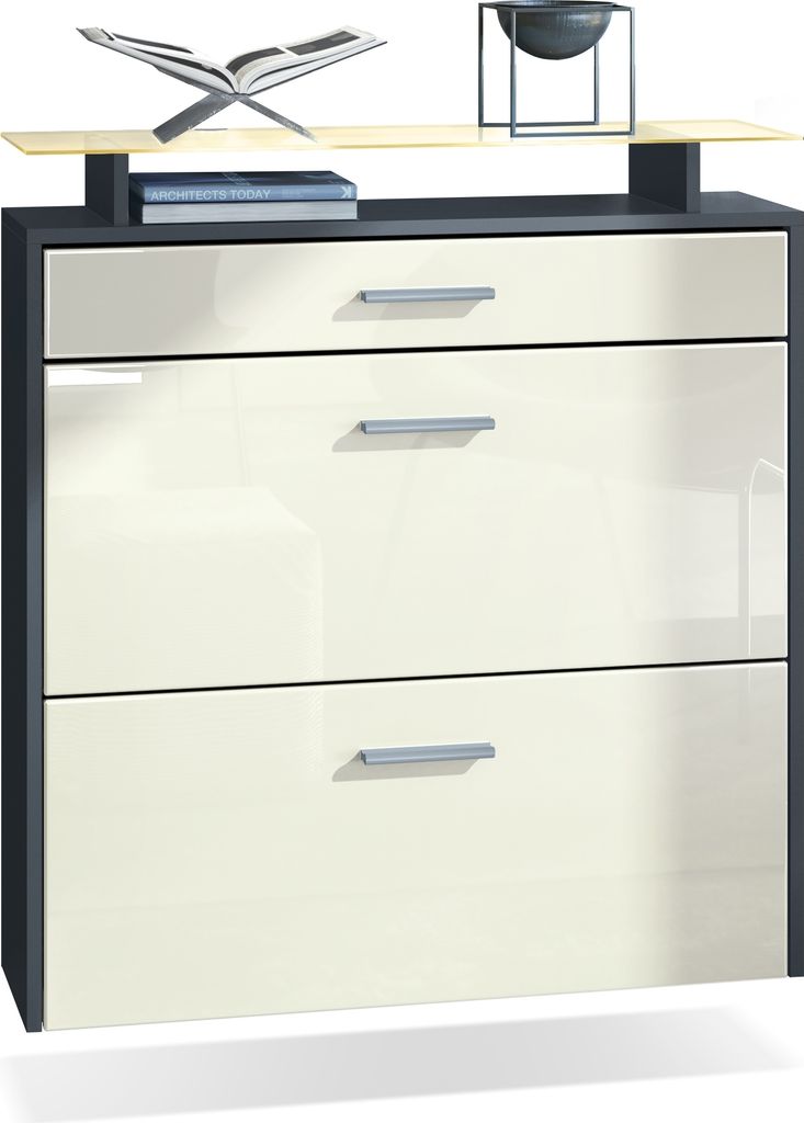 Vladon Schuhschrank Malea, Anthrazit matt/Creme Hochglanz inkl. LED - hängender Schuhkipper für 16 Paar Schuhe (89 x 96 x 23 cm)