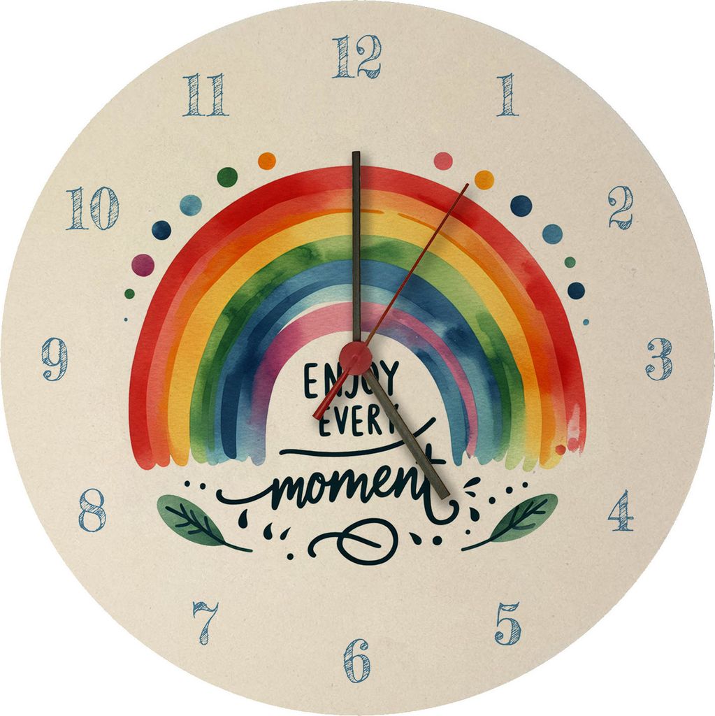 Regenbogen Wanduhr aus MDF mit Spruch Enjoy every moment Produktbild 