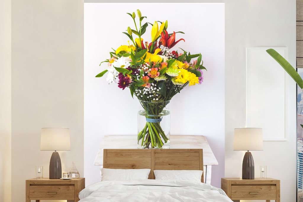 MuchoWow Fototapete für Wohnzimmer oder Schlafzimmer Wandtapete Vinyl Motivtapete Vasen - Blumen - Farben - 170x260 cm - Wohnzimmertapete