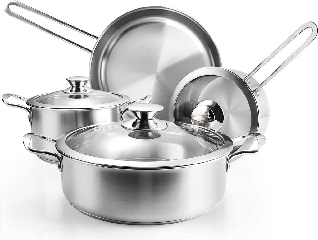 Edelstahl Töpfe und Pfannenset - Küchenutensilien Set - 7-teilig - mit Glasdeckeln