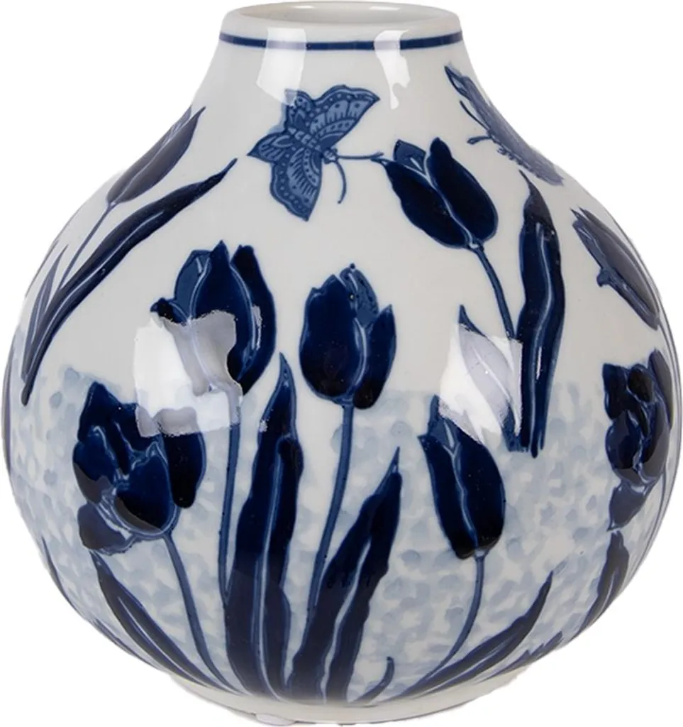Vase Clayre & Eef Ø 16x16 cm Blanc Bleu en Céramique Décorative