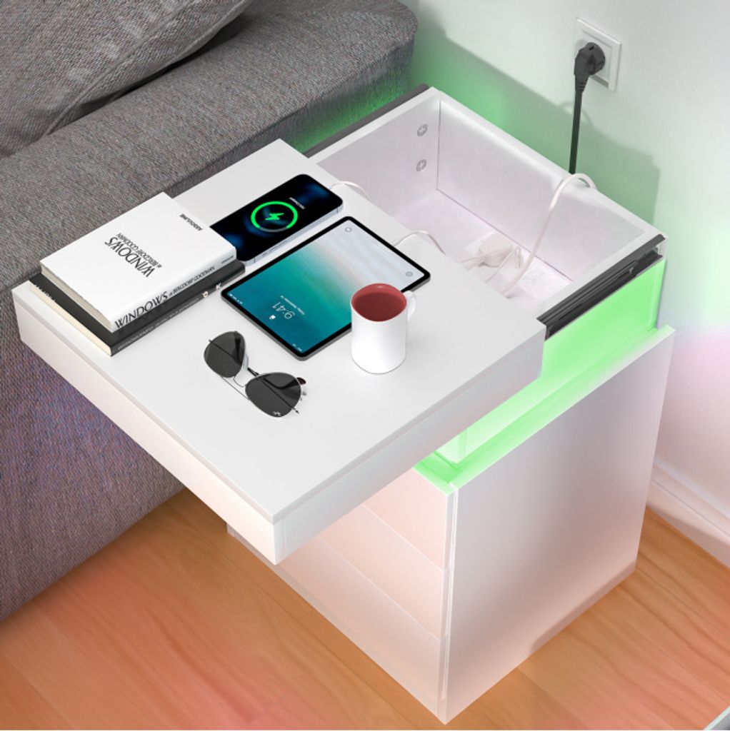 Intelligenter LED Nachttisch mit Ladestation,Weiß Front Produktbild 