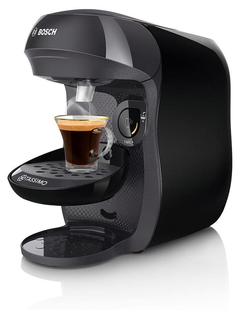 A black Bosch Tassimo coffee machine making a cup of espresso.